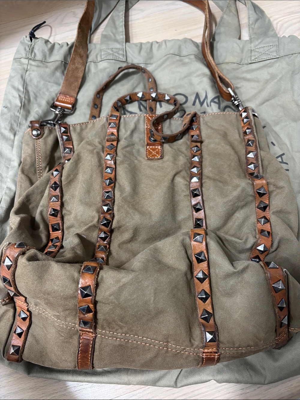 Campomaggi Olive Canvas Tote with Brown Leather Trim and Stud Accents - Picture 6 of 9
